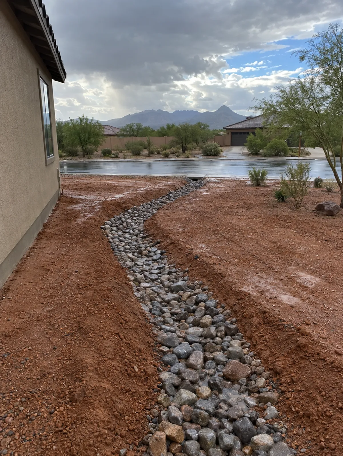 Illustration: a rock lined drainage swale carrying rain water away from a house